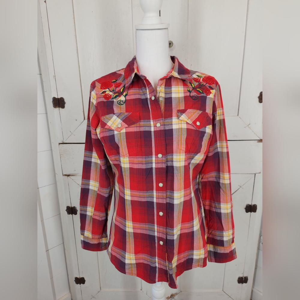 Wrangler Retro Red & Yellow Plaid Pearl Snap Western Top Rose Embroidery Sz SM